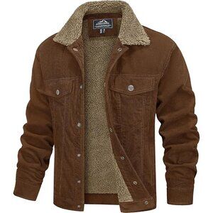 Mens Brown Corduroy Jacket Sherpa Lined Warm Winter Trucker Cargo Coat